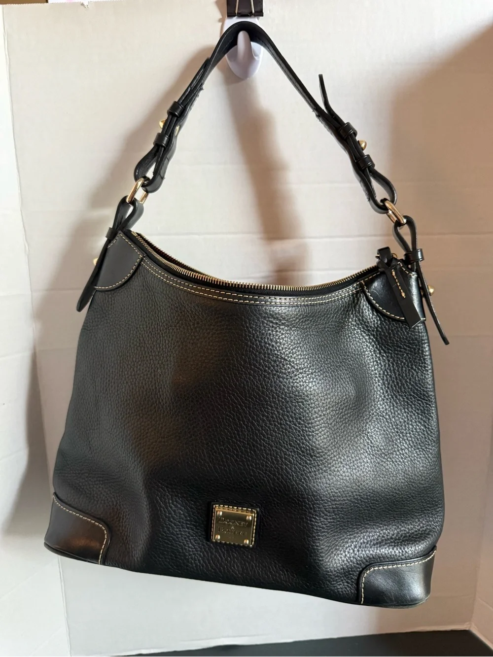 Dooney & Bourke Black Pebbled Leather Shoulder Hobo with Gold Accents